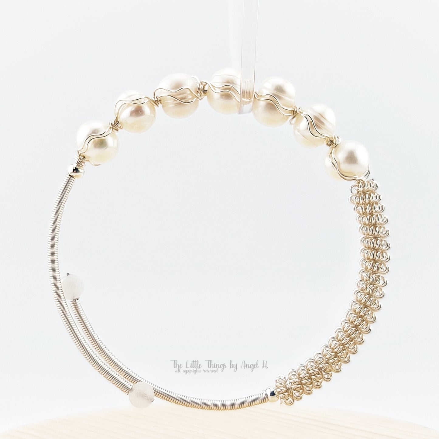 Hand Wired with Natural Morganite and Baroque Pearl Gems Bangle