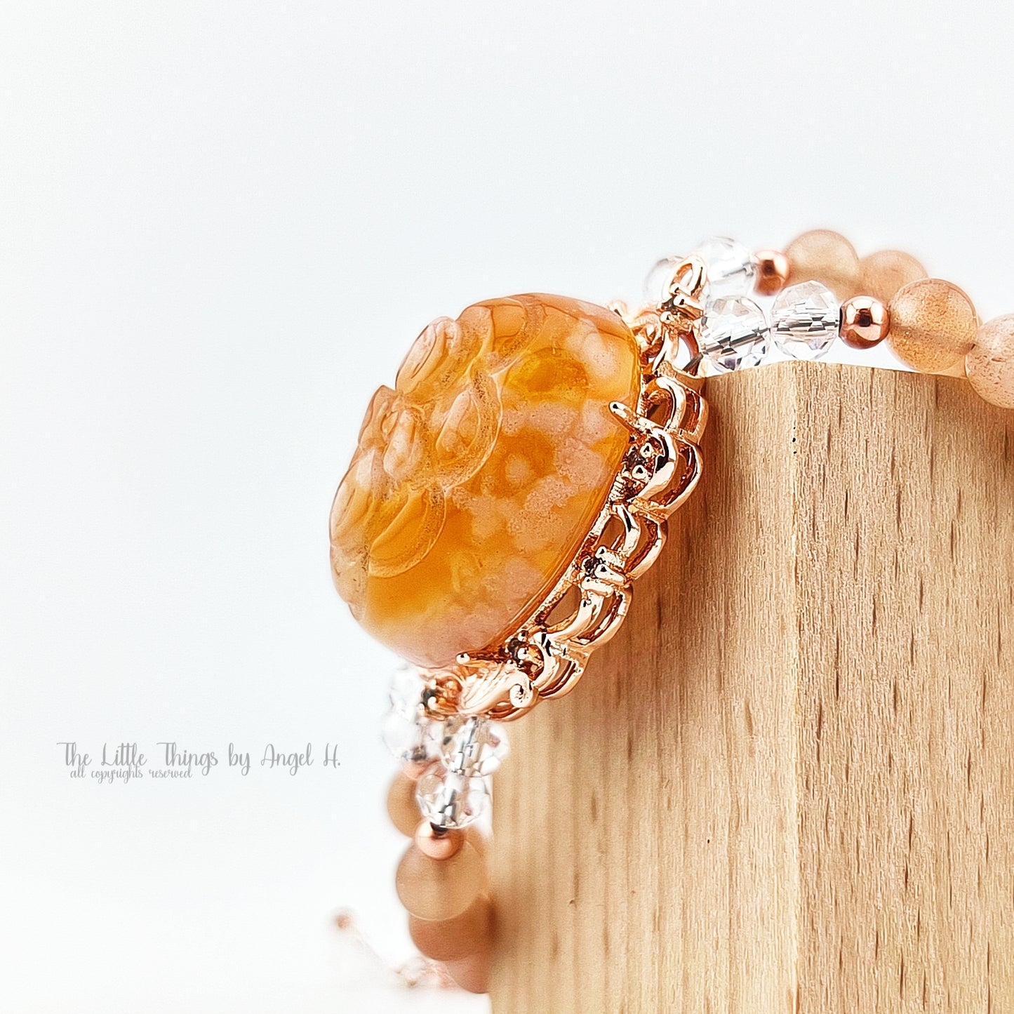 Carved Cherry Blossom Agate with Sunstone Gems Bracelet