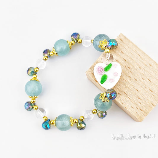 Aquamarine Gems with Monet Garden Sweet Heart Charm Bracelet