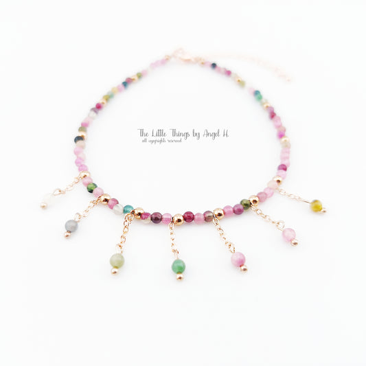 Multi-Charmed Natural Tourmaline Gemstones with Rose Gold Plated Anklet