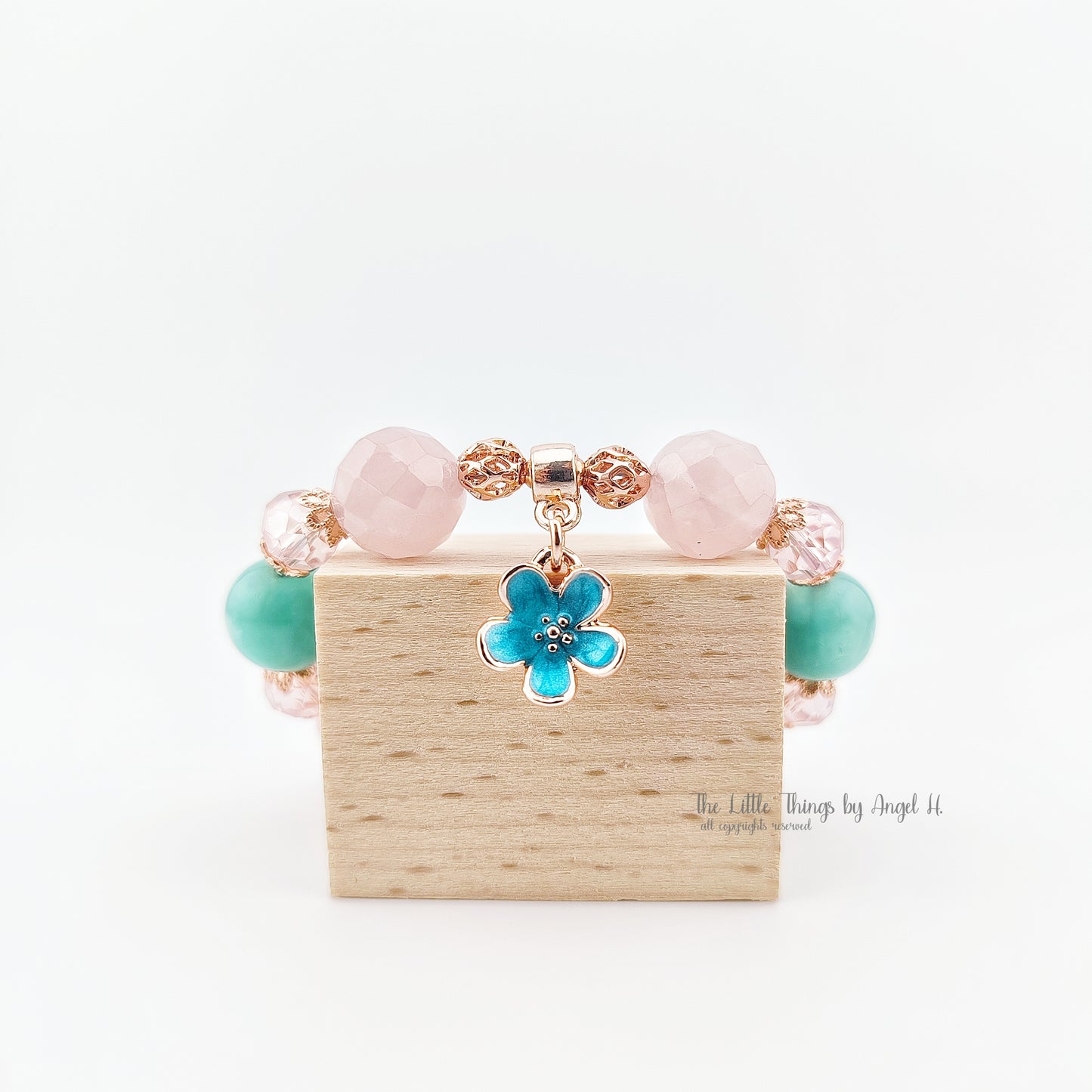 Facet Rose Quartz and Green Angel Larimar Enamel Flower Bracelet