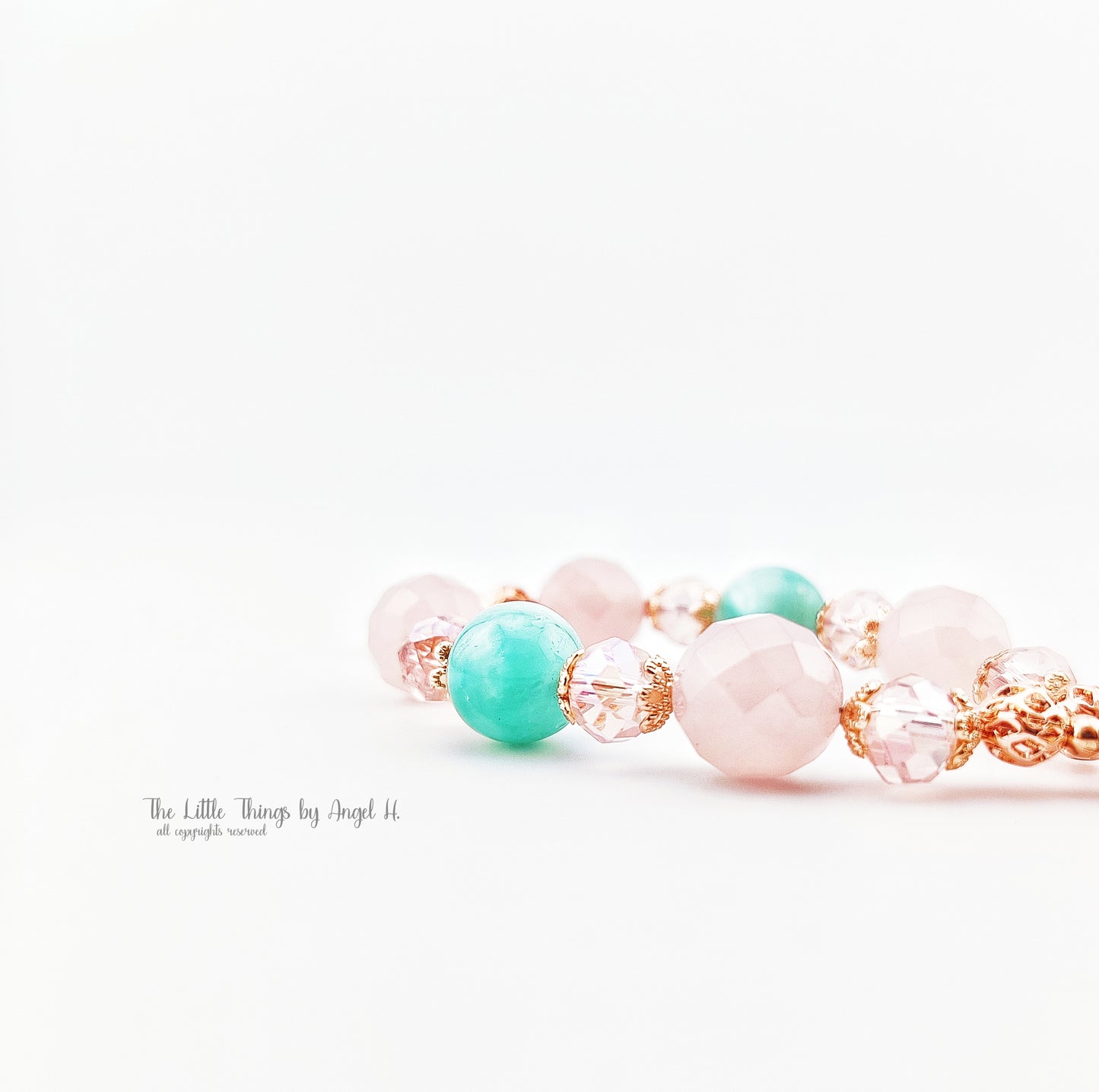 Facet Rose Quartz and Green Angel Larimar Enamel Flower Bracelet