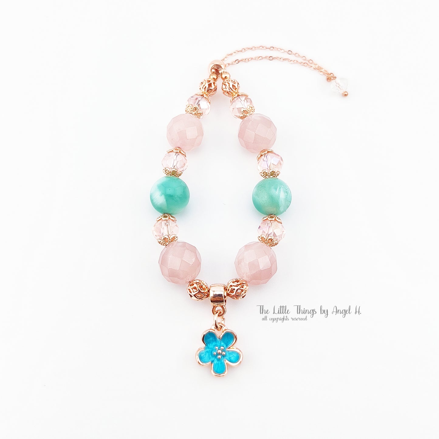 Facet Rose Quartz and Green Angel Larimar Enamel Flower Bracelet