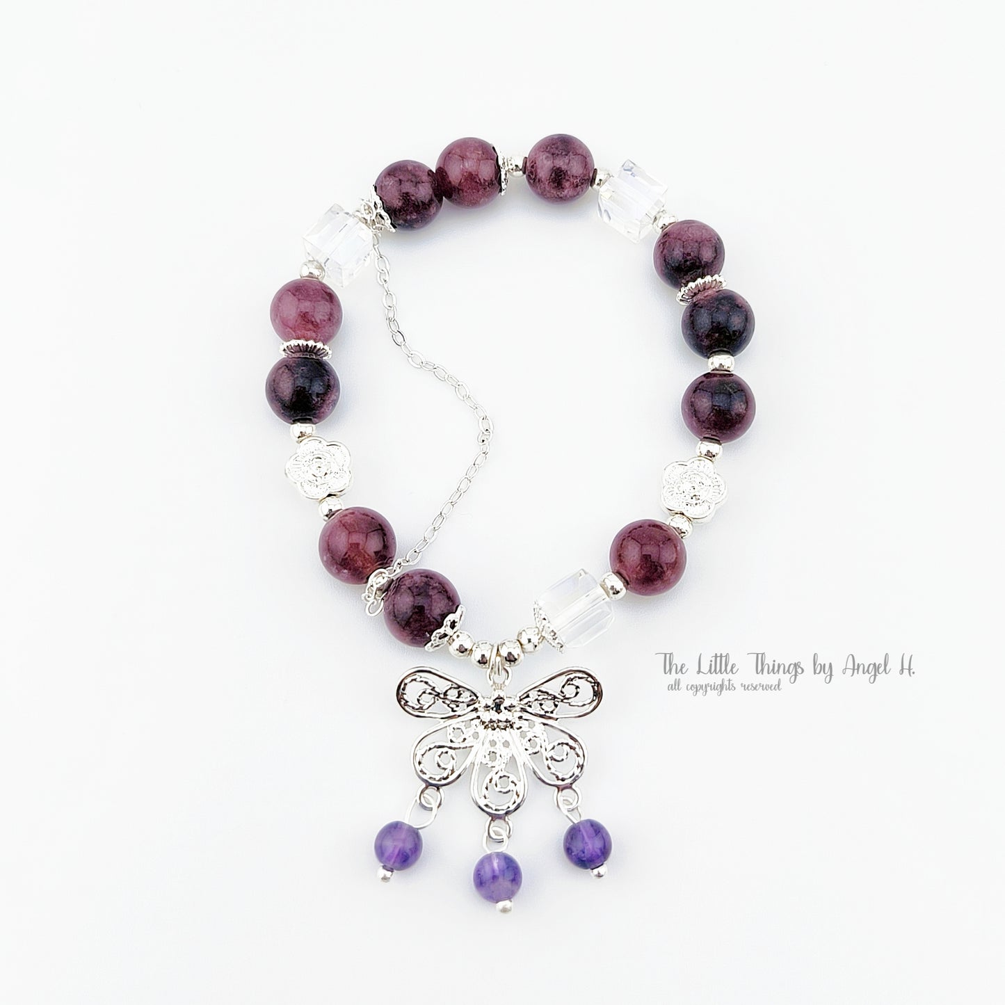 Natural Lolite Gems with Hollow Butterfly Amethyst Charm Bracelet