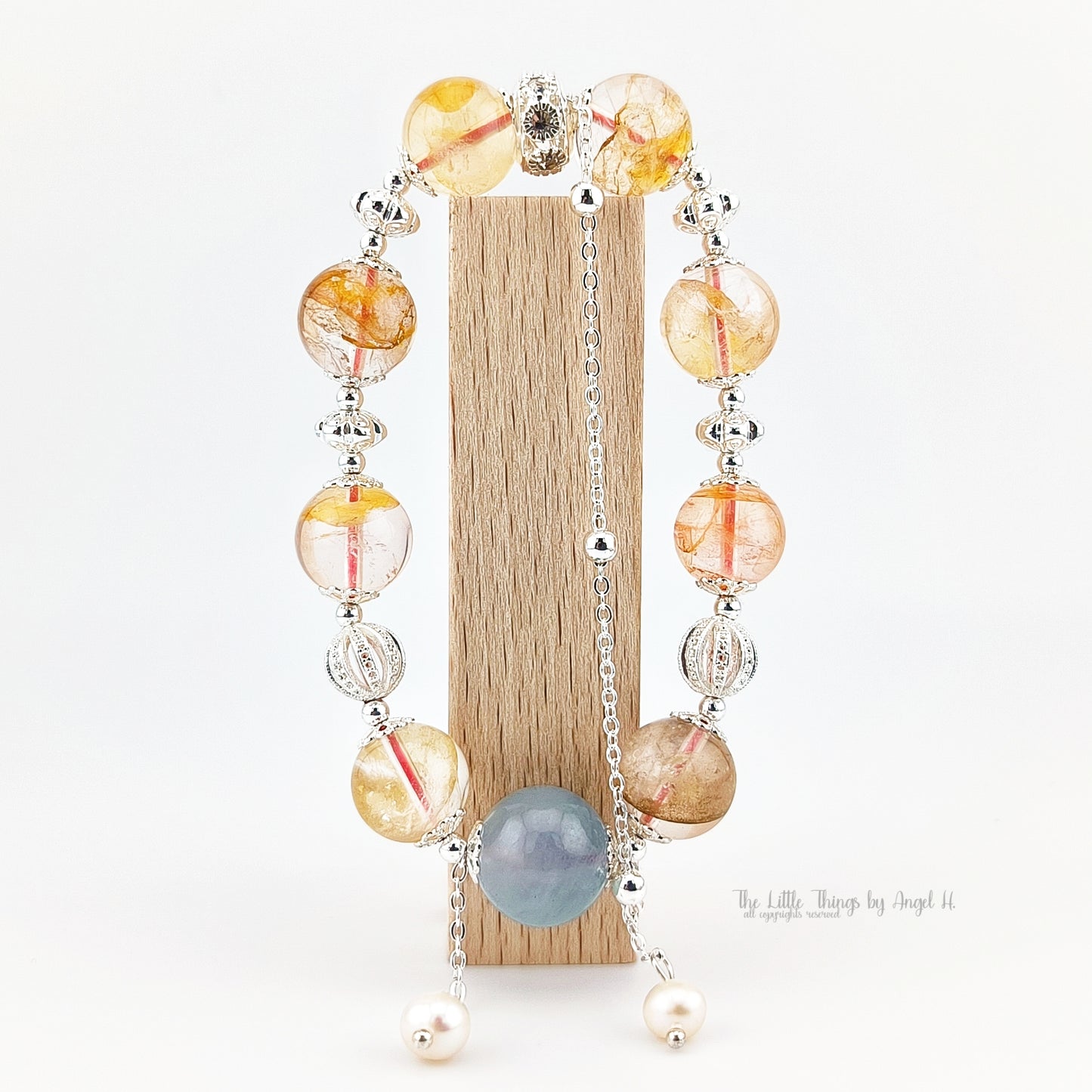 Natural Aquamarine with Hematoid Gems and Pearl Bracelet