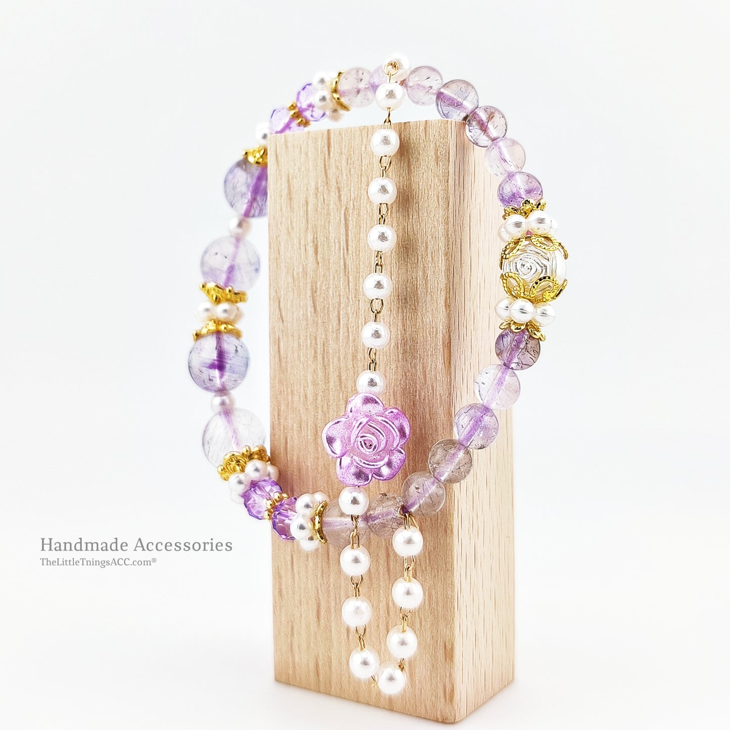 Romantic Purple Azeztulite Rose Charm Bracelet