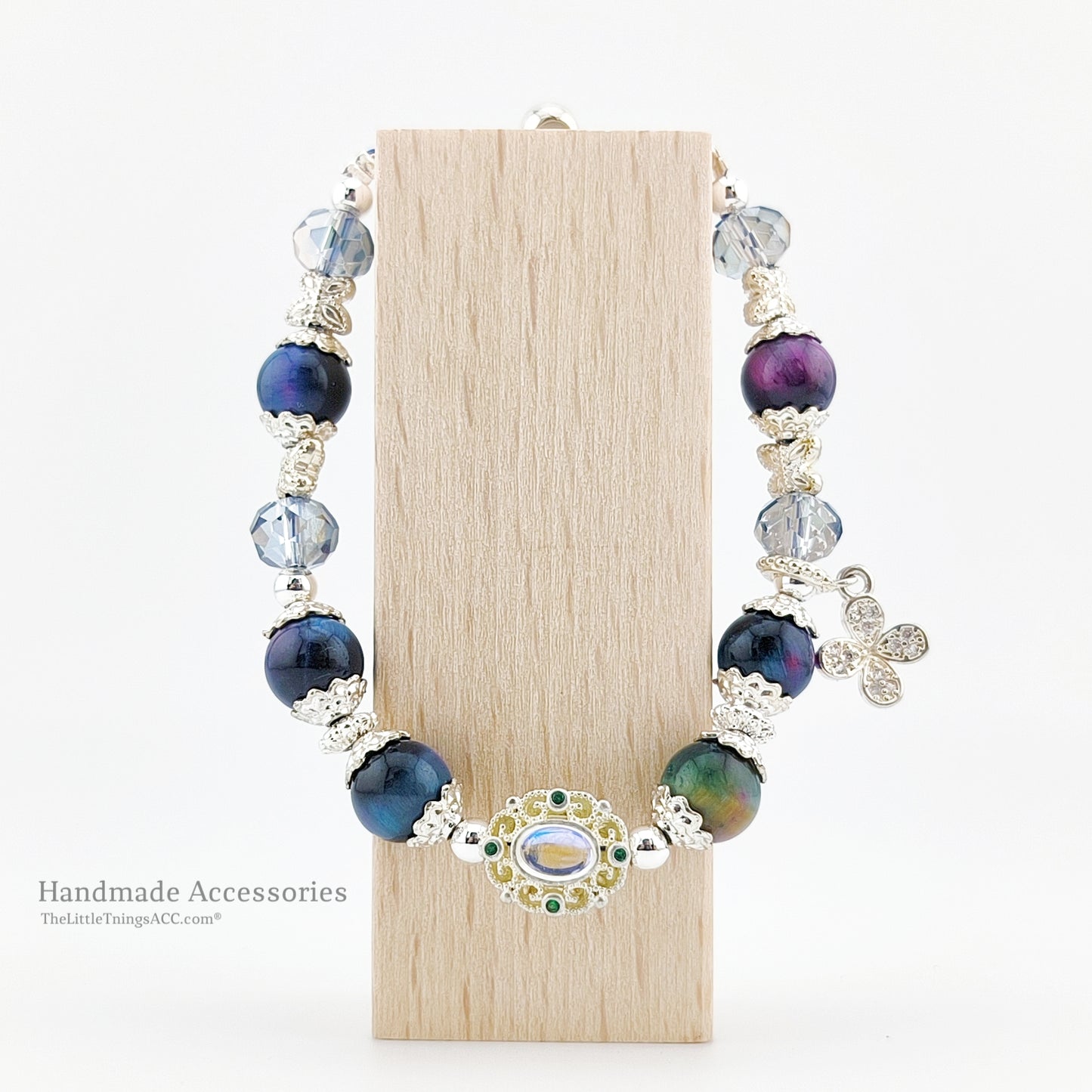 Nature Pietersite Gems with Zircon Flower Pendant Bracelet