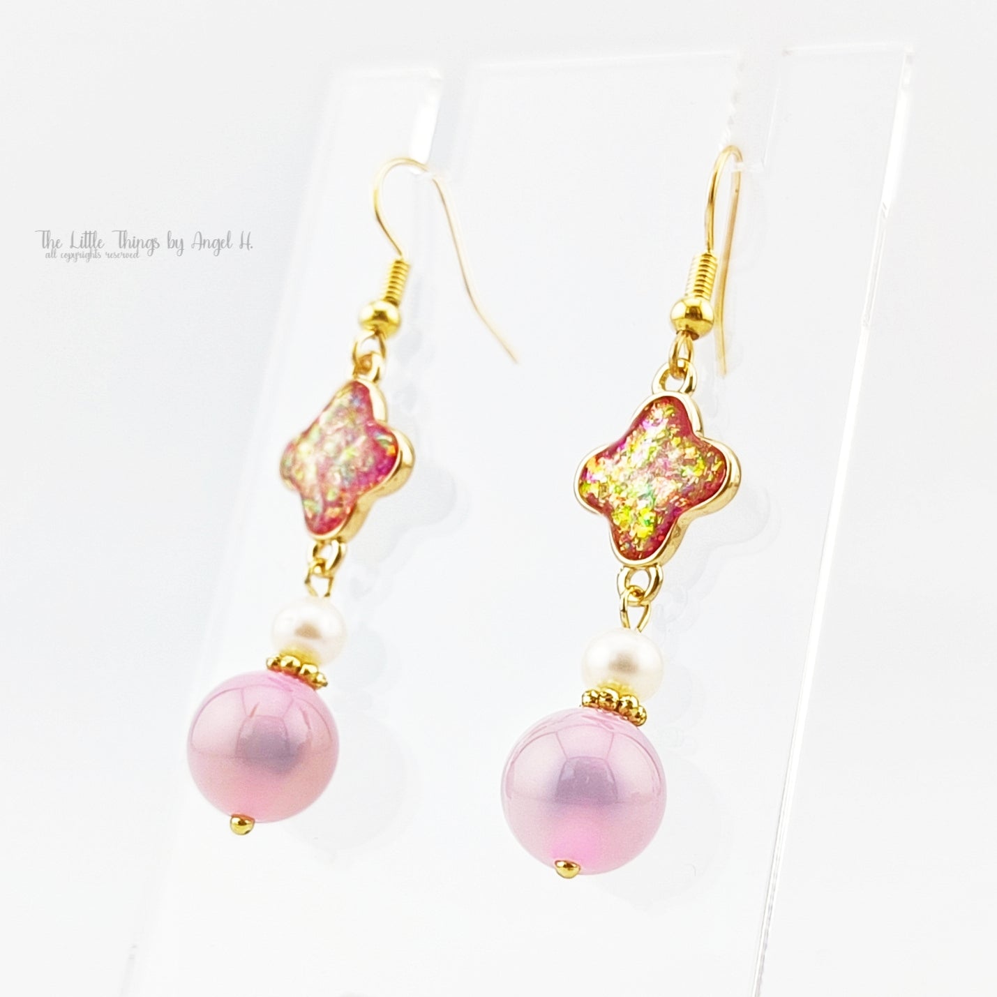 Natural Candy Agate with Enamel Flower 18K-plated Earrings