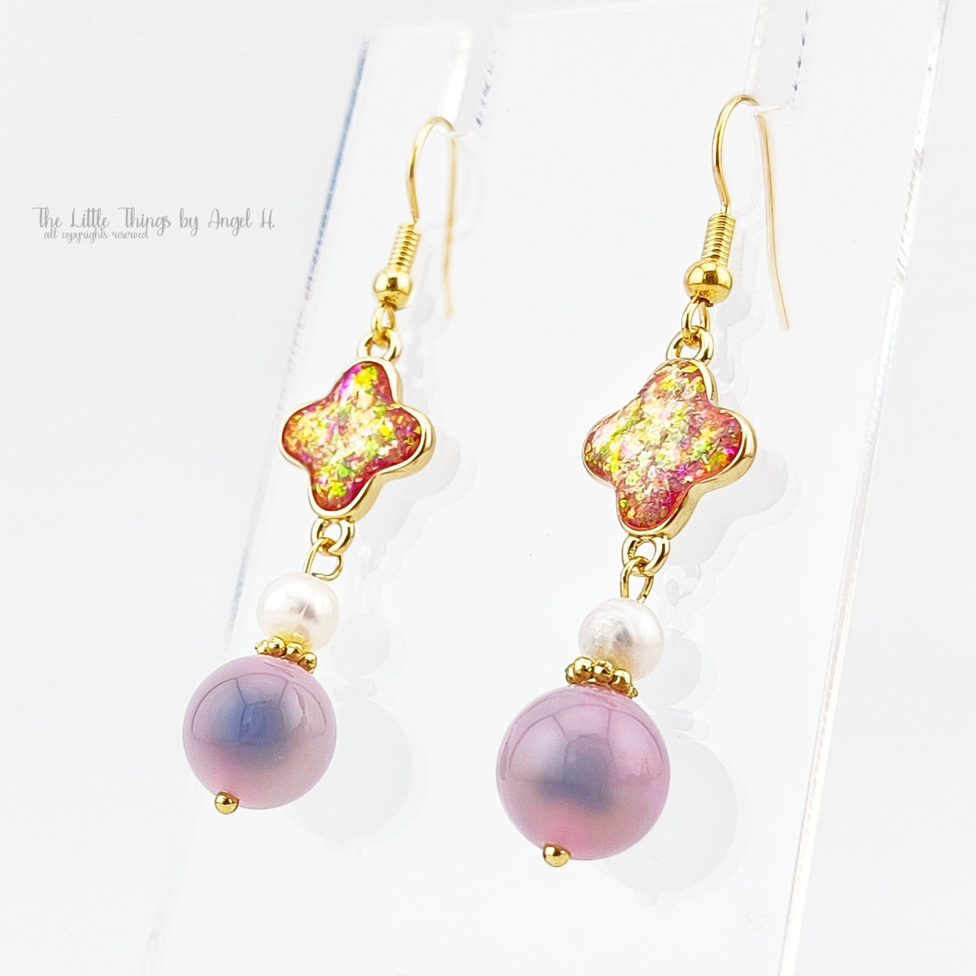 Natural Candy Agate with Enamel Flower 18K-plated Earrings