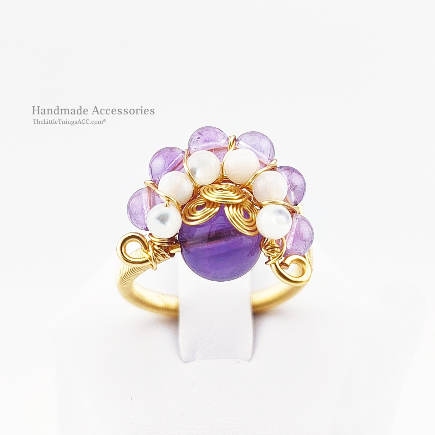 Hand Wived Amethyst and Tridacna Stone Adjustable Ring