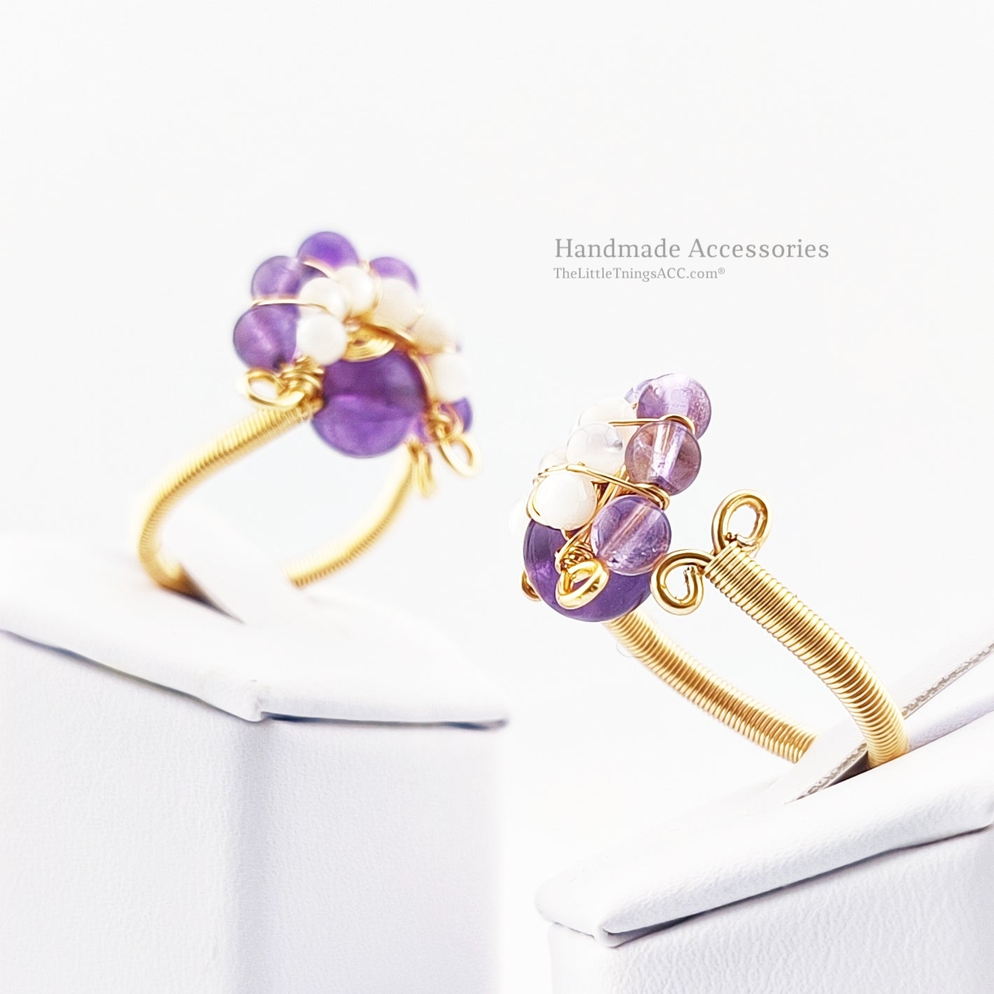 Hand Wived Amethyst and Tridacna Stone Adjustable Ring