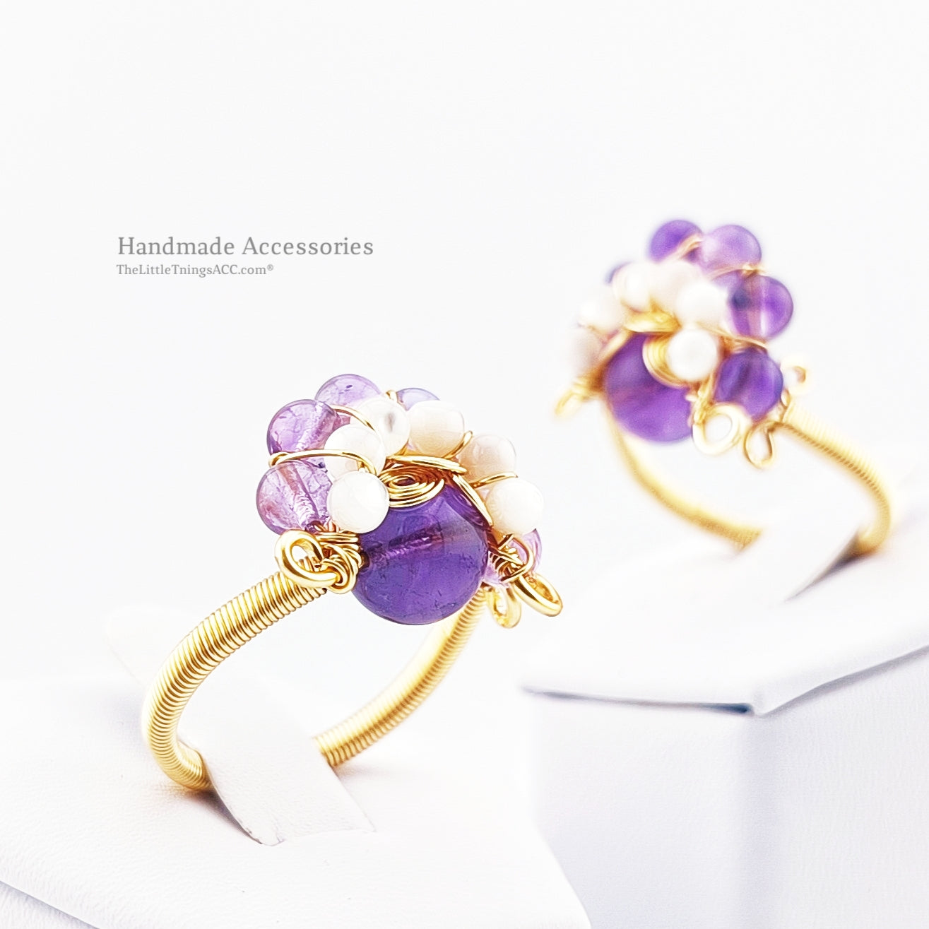 Hand Wived Amethyst and Tridacna Stone Adjustable Ring