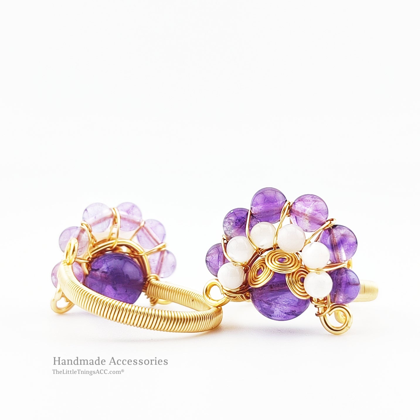 Hand Wived Amethyst and Tridacna Stone Adjustable Ring