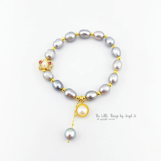 Rare Natural Oval Grey Pearls Charm Bracelet