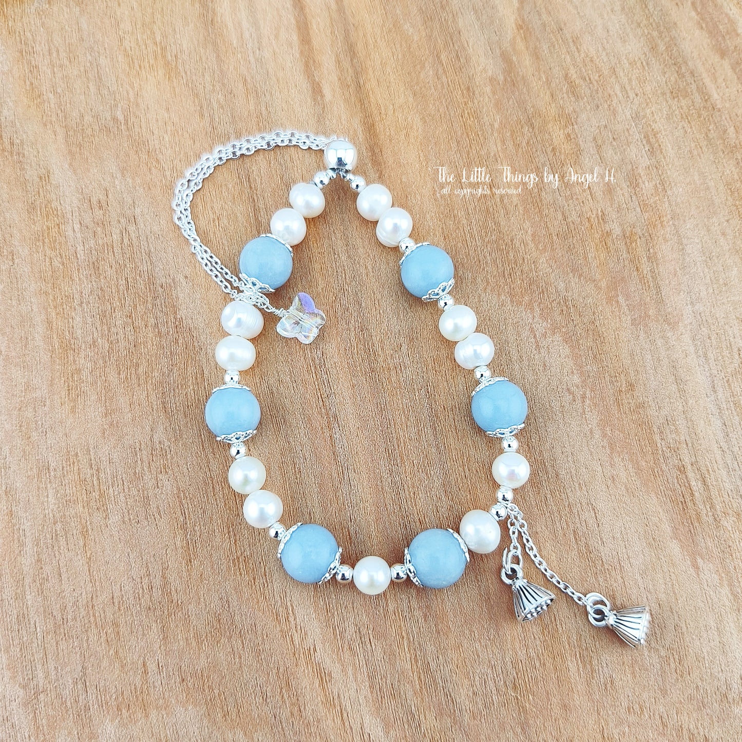 Natural Pearls and Angelite Gems Butterfly Bracelet