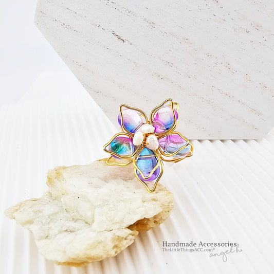 Tear Drop Colored Glaze Flower Hand-Wired Ring