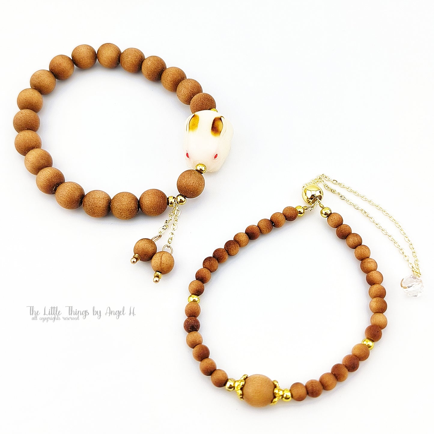 Natural Sandal Wood and Carved Bodhi Rabbit 2-PC Bracelets Set